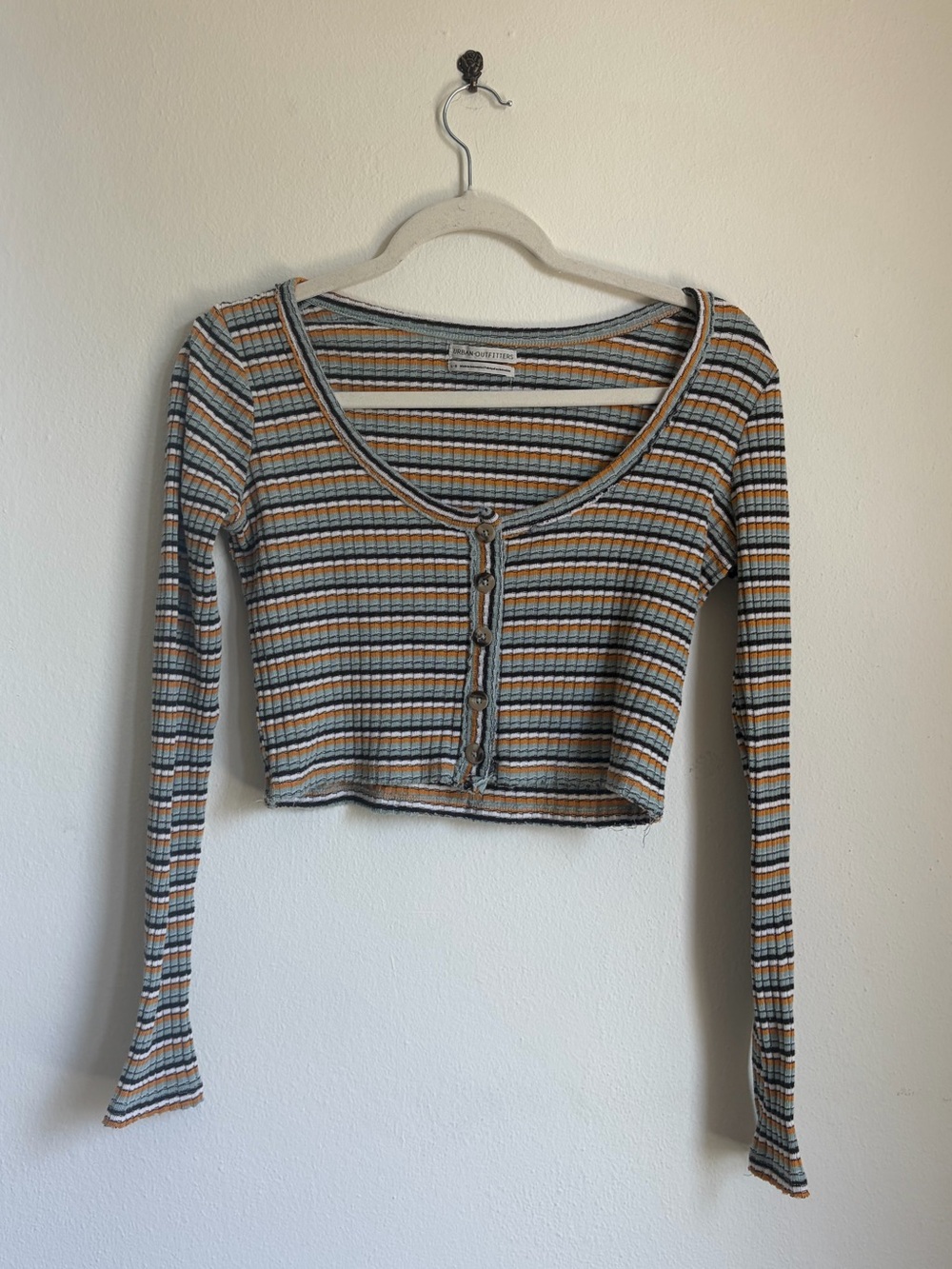 UO Striped Button Down Ribbed Long-Sleeve Crop Top